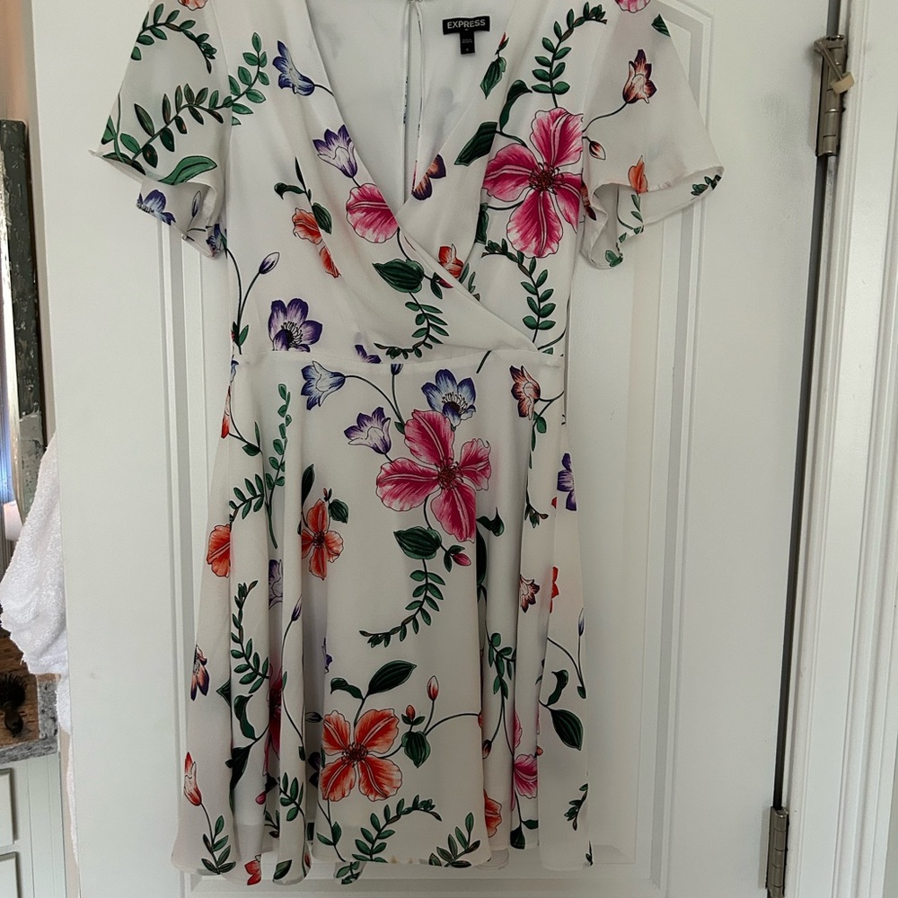 Express Floral Wrap Dress - White and Multicolor
